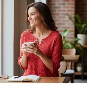 JM Collection Women's Top Large Lace Shell on Lining 3/4 Sleeve Gold Chain Neck